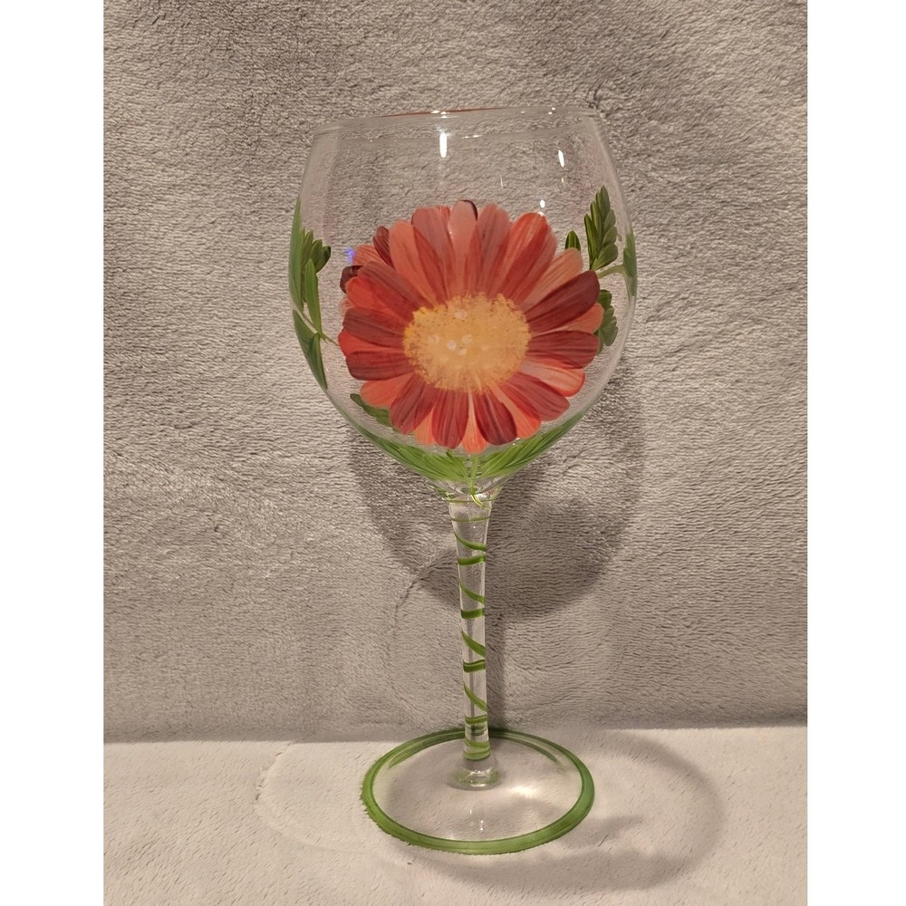 Hand Painted Floral Wine Glass Red Daisy Gerbera Flower Green Spiral Stem